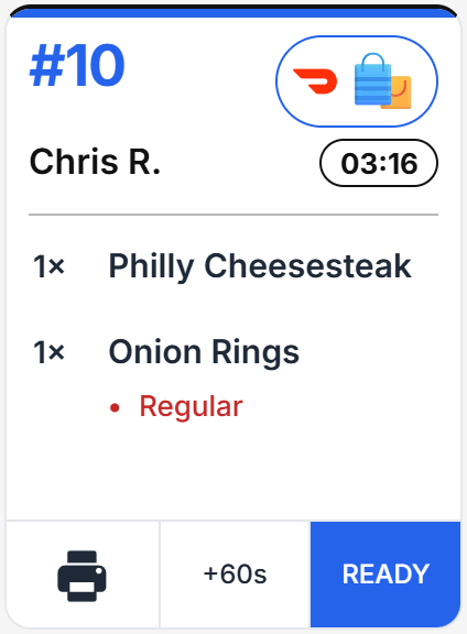 Kitchen ticket number 10, a DoorDash order for Chris R.: a Philly Cheesesteak and Onion Rings, with buttons to print, add 60 seconds and mark it ready.