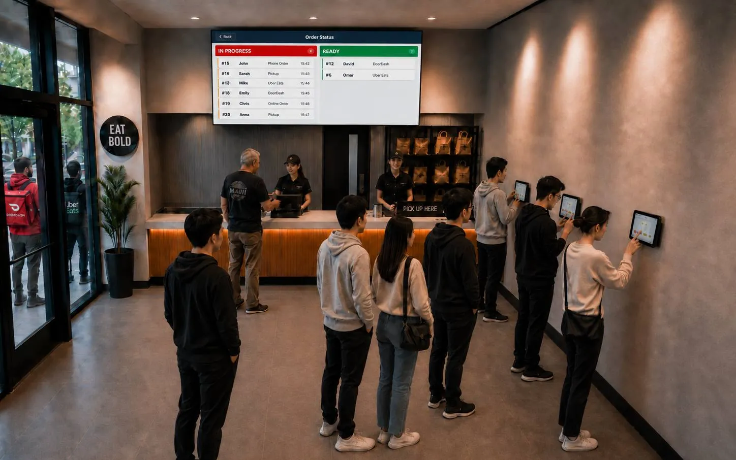 The same counter after: two guests at the register, guests ordering at kiosks on the wall, an order status screen above the counter and couriers waiting by the door.