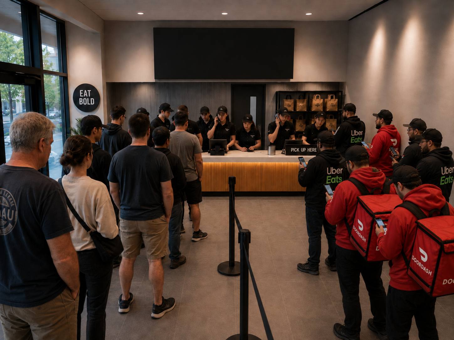 Restaurant lobby before Brisqora: eight staff crowded behind the register, three answering phones, a long stanchioned line, a dead screen on the wall, and delivery couriers packed at the pickup counter.