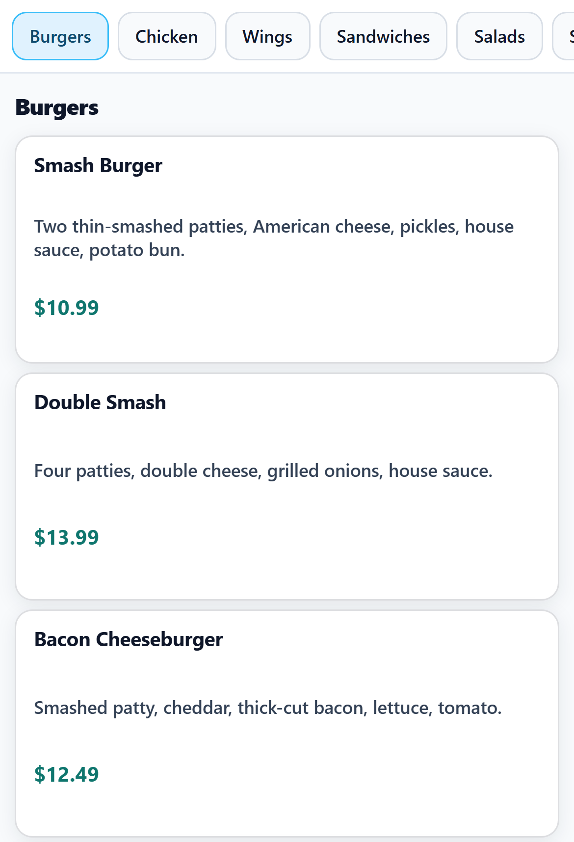 A restaurant's ordering website on a phone: category buttons across the top and a list of burgers, each with a description and a price.